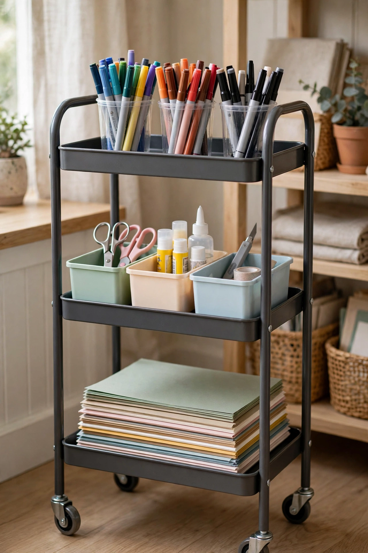 Three-tier rolling cart organized with cups and bins holding craft supplies