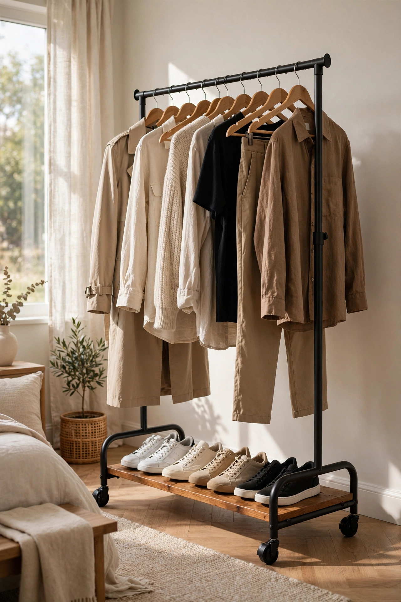 Rolling garment rack on casters with curated neutral capsule wardrobe in a bright bedroom