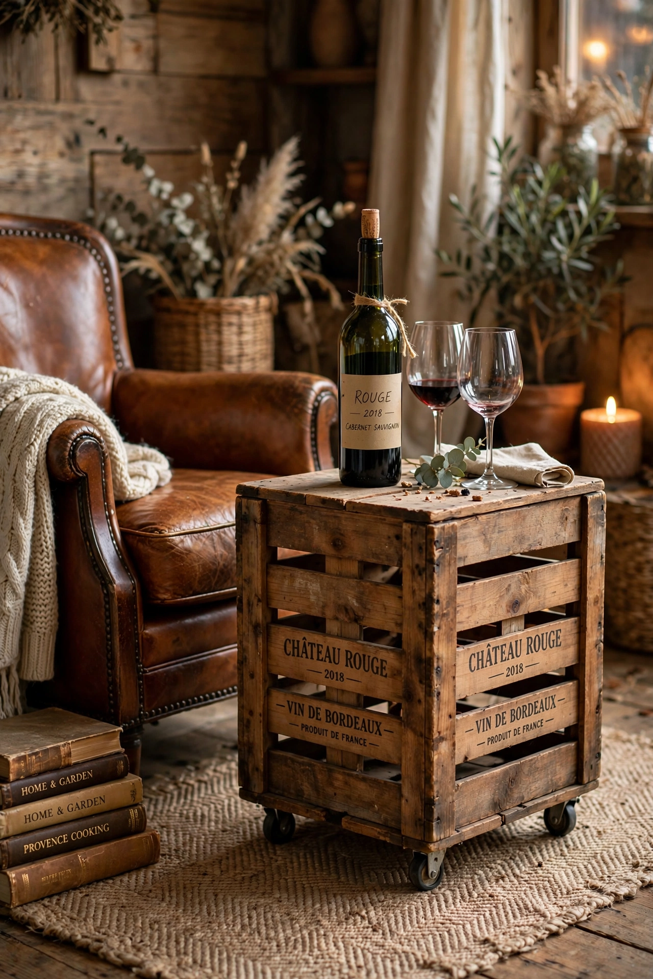 Vintage wine crate side table on caster wheels beside a leather armchair
