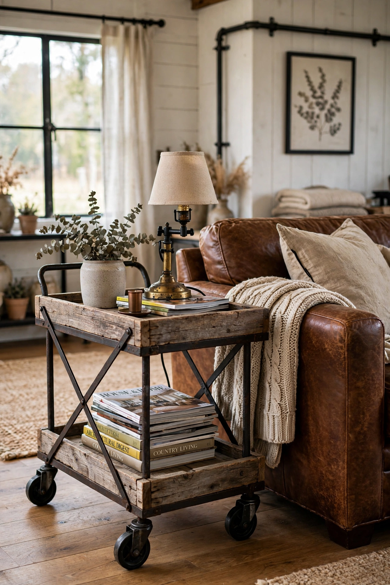 Rustic two-tier wooden rolling cart side table with iron frame beside a leather sofa