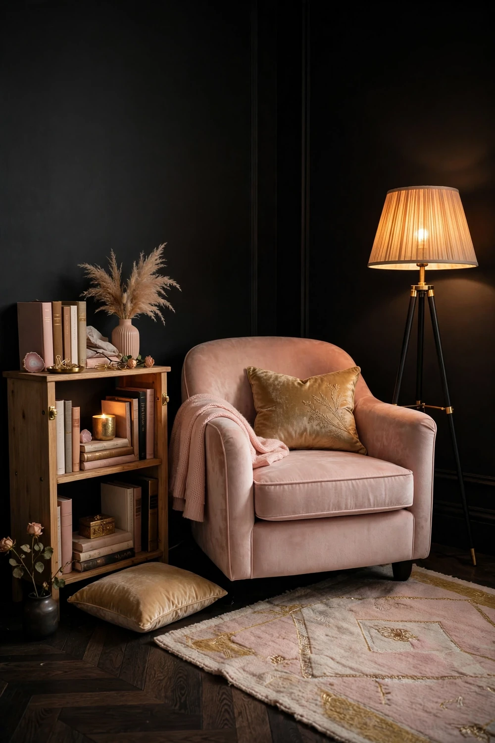 Cozy bedroom corner with blush velvet armchair bookshelf and warm floor lamp