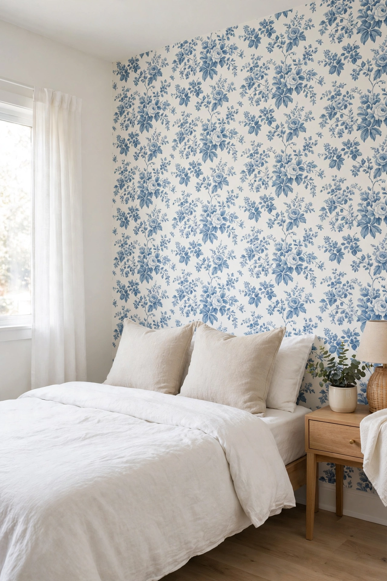 Rental bedroom accent wall with RoomMates blue and white vintage floral renter-friendly wallpaper