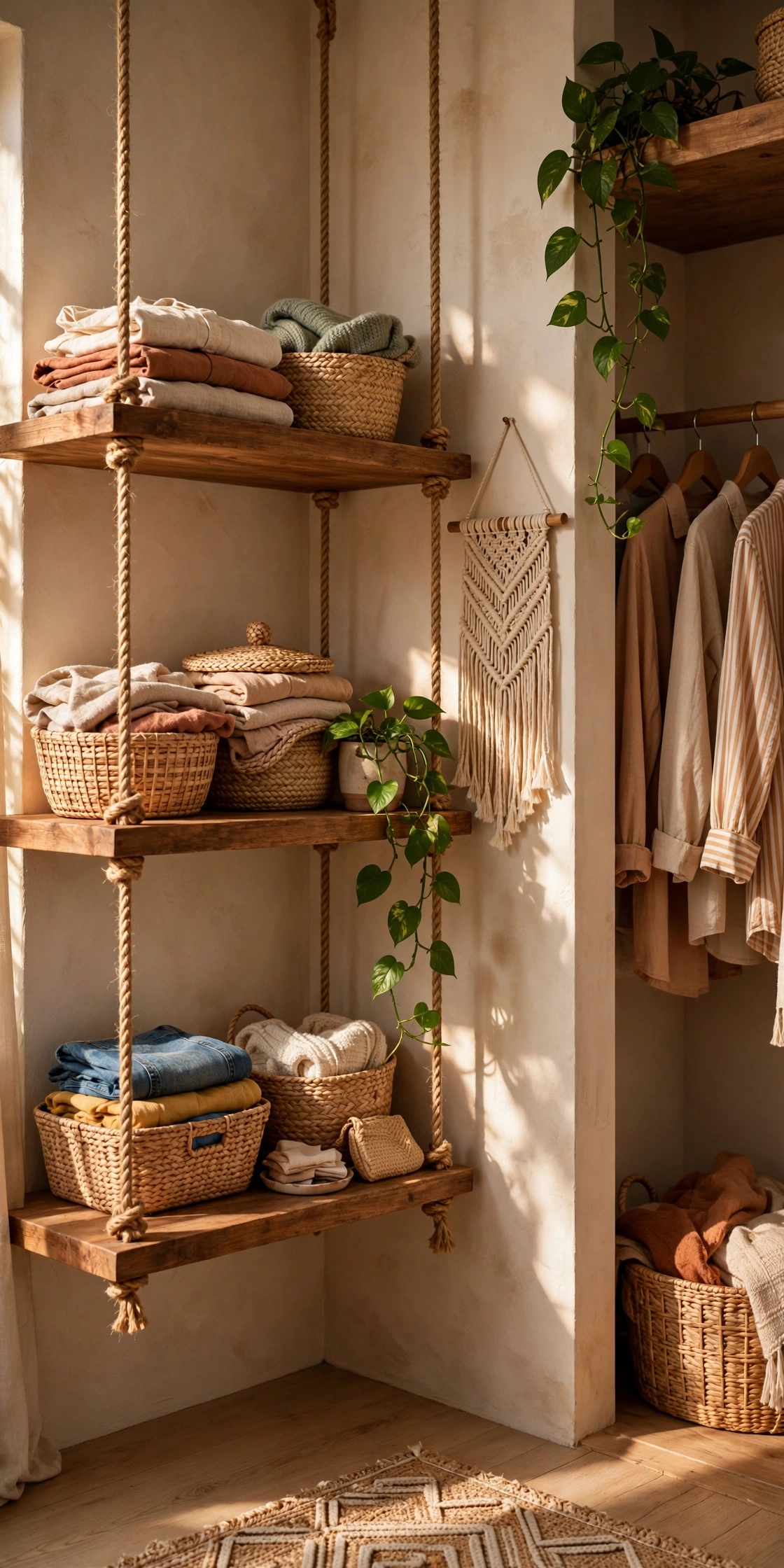Wooden shelves hanging from ceiling by jute ropes with folded clothes and baskets