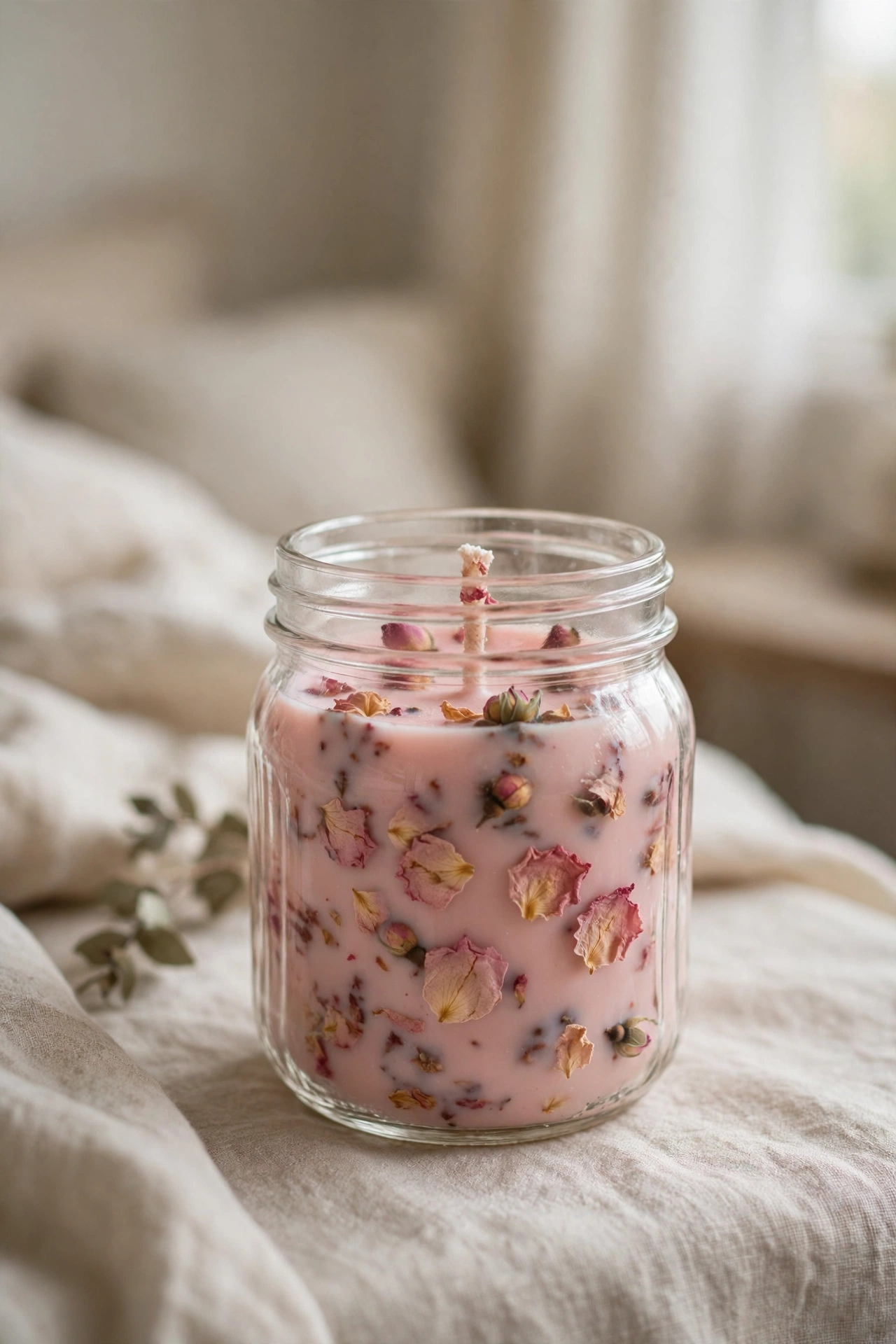 Romantic homemade candle with dried rose petals embedded in blush pink wax