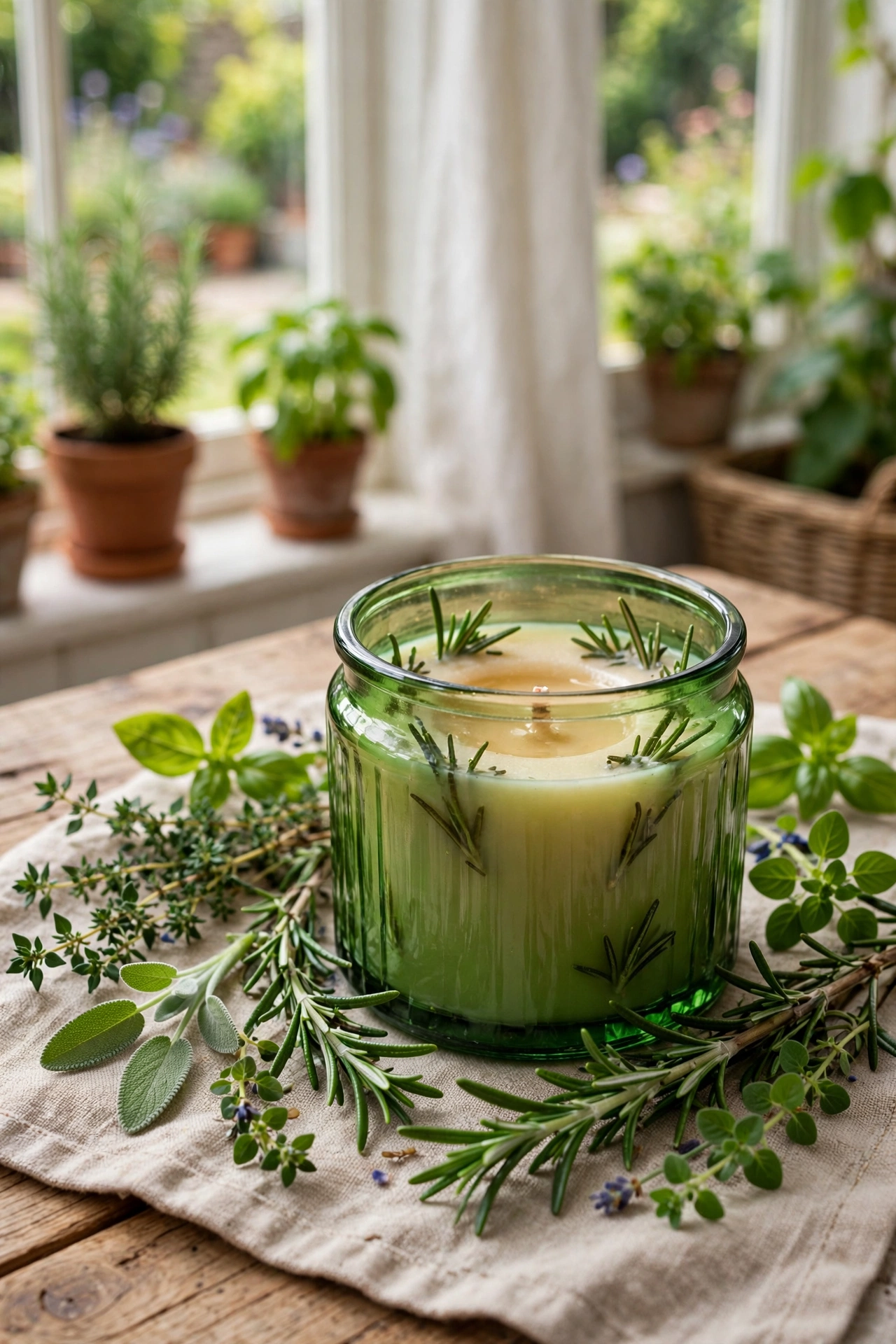 Rosemary herb scented candle in a green glass jar with fresh rosemary sprigs