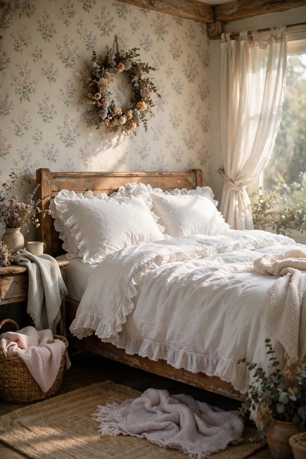 White ruffled duvet cover and frilly pillow shams on a bed in a romantic cottage bedroom