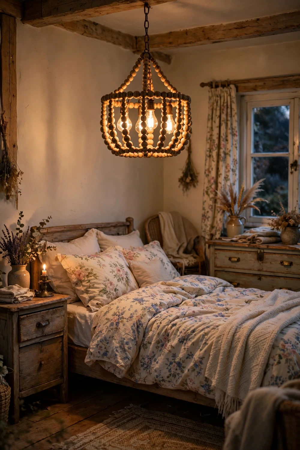 Small rustic beaded chandelier glowing over a cozy cottage bedroom