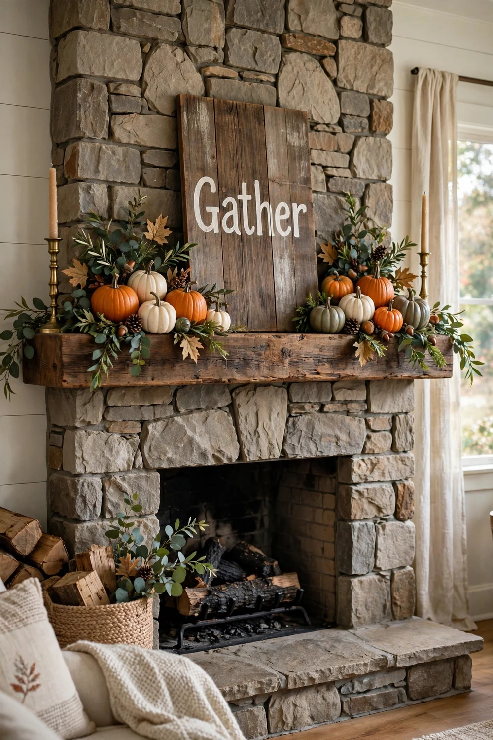 Rustic wooden Gather sign centered on fall mantel with pumpkins and candlesticks