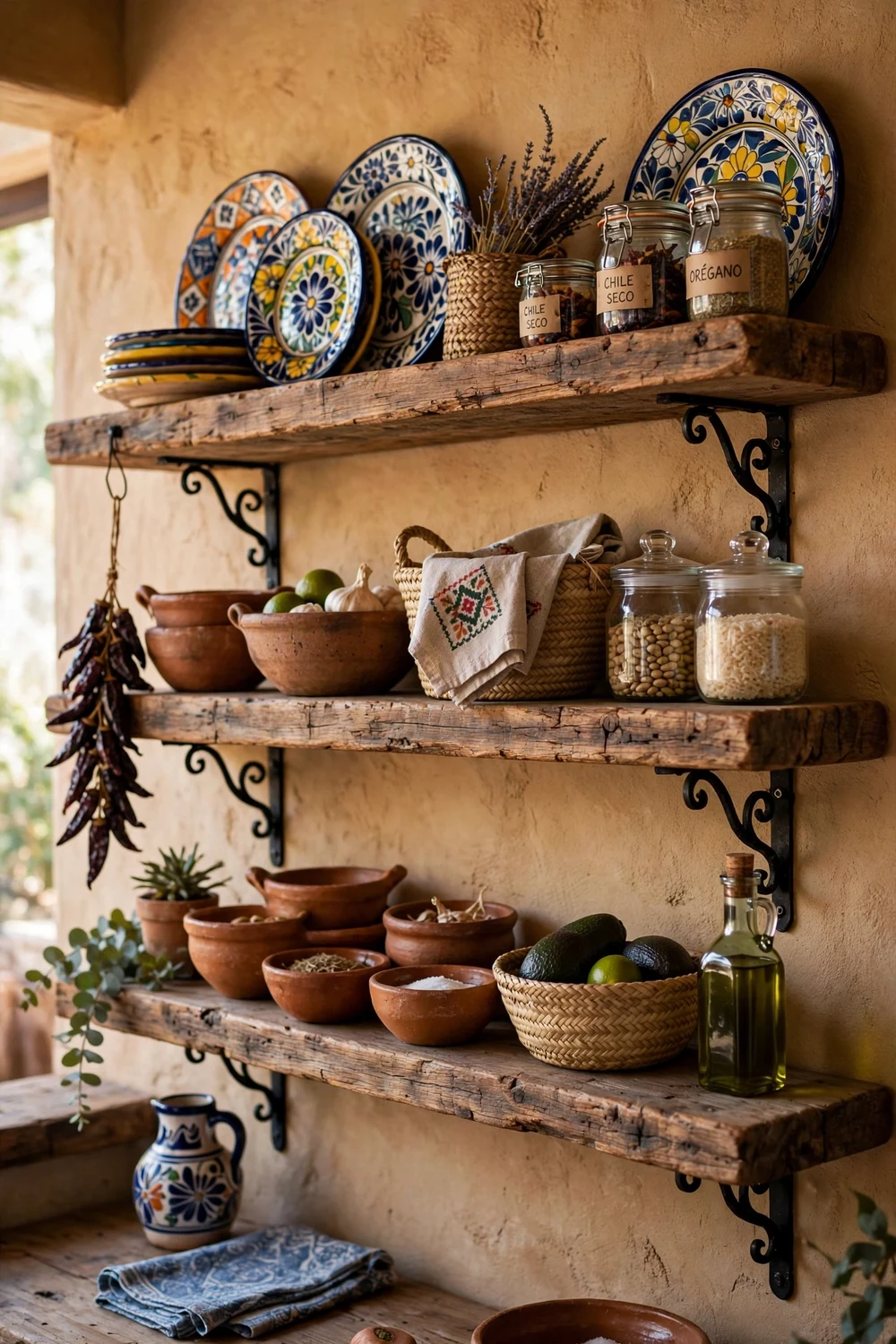 Thick rustic wood open shelves displaying colorful pottery in a Mexican kitchen