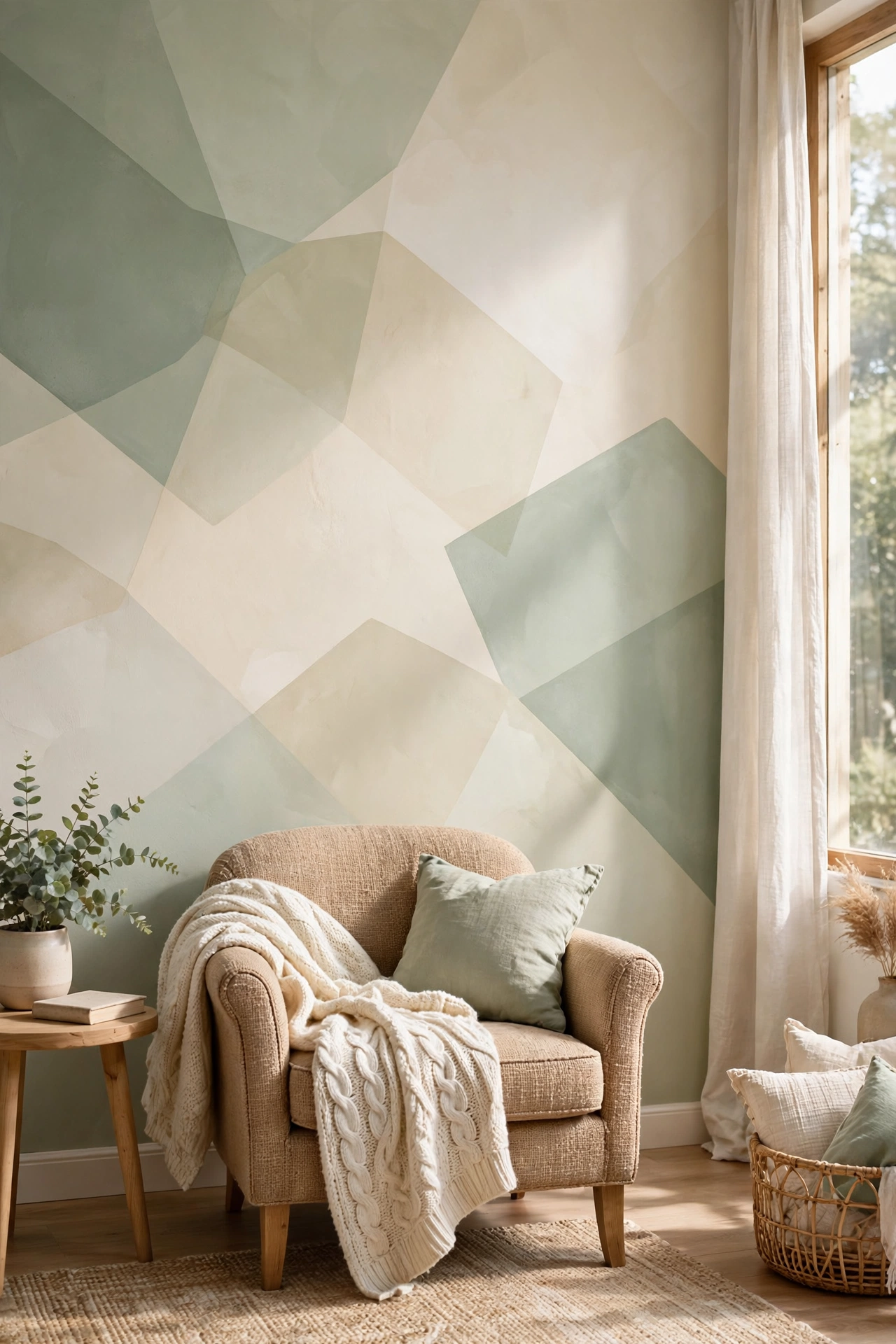 Serene living room wall with soft overlapping shapes in sage green and cream