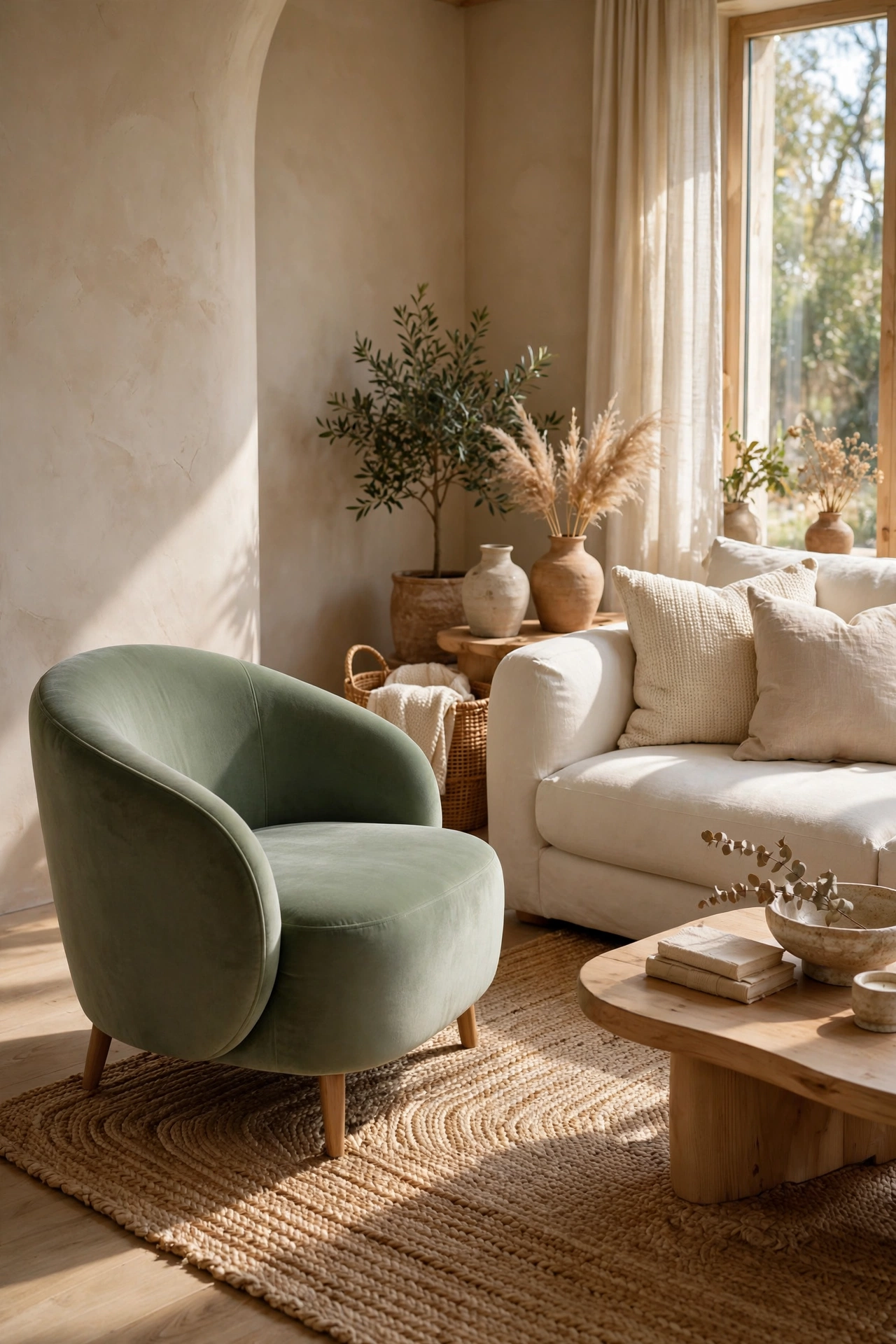 Sage green curved accent chair angled beside a neutral sofa in a living room