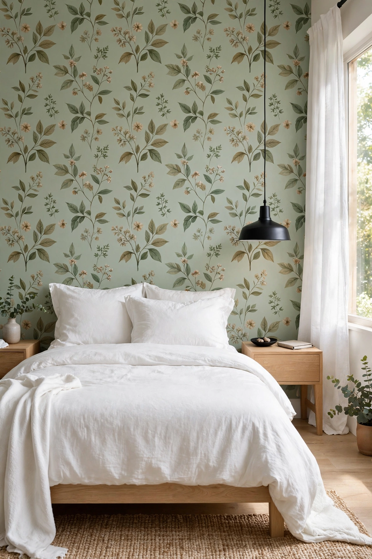 Calm bedroom with sage green botanical floral wallpaper and white bedding