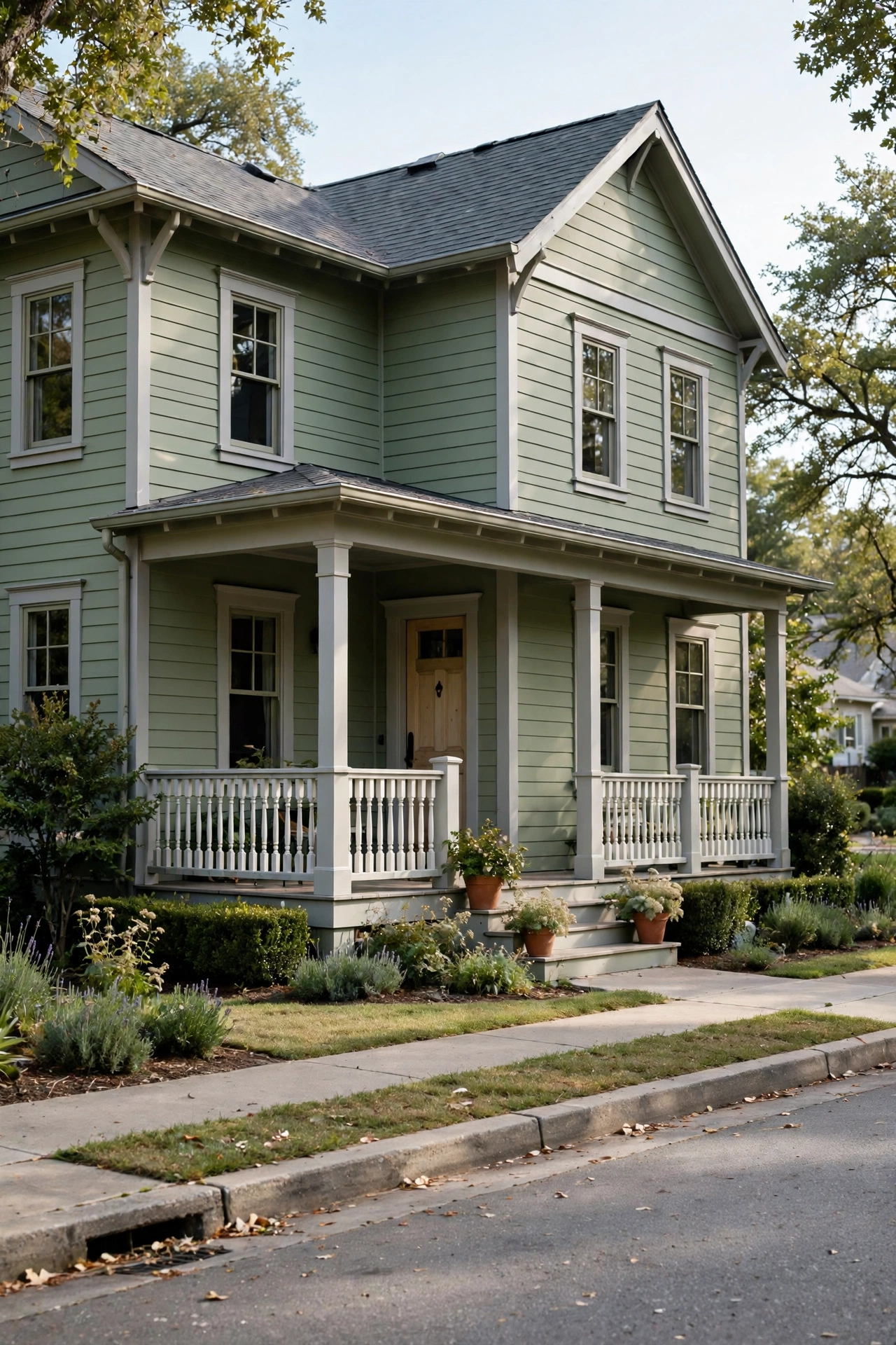 Sage green farmhouse exterior with soft gray trim and white porch railing