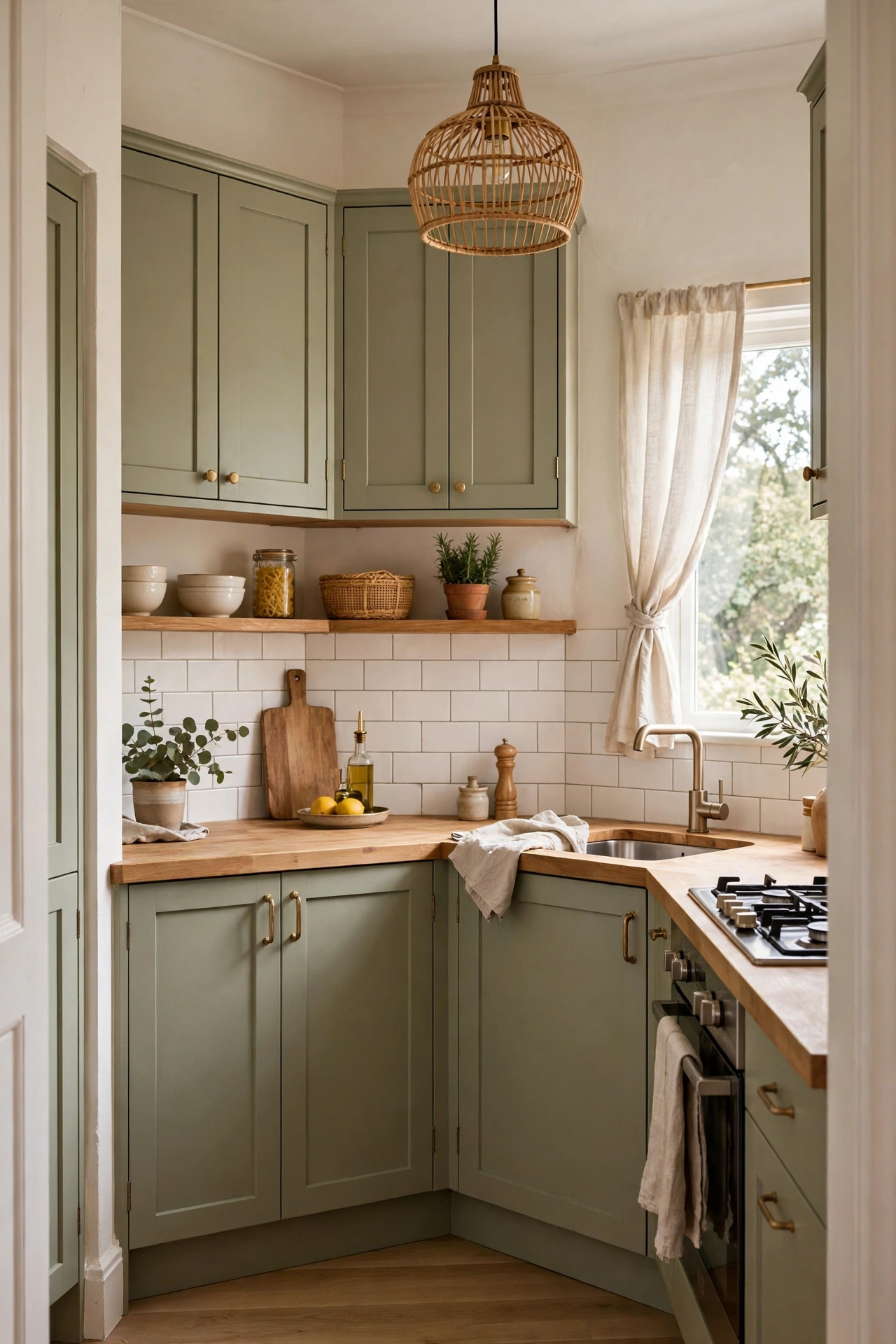 Soft sage-olive hybrid kitchen cabinets in a bright small kitchen