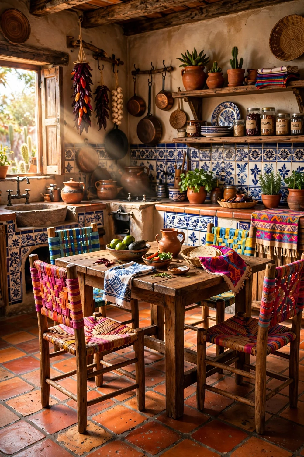 Warm Saltillo terracotta tile floor in a Mexican style kitchen with rustic wood cabinets
