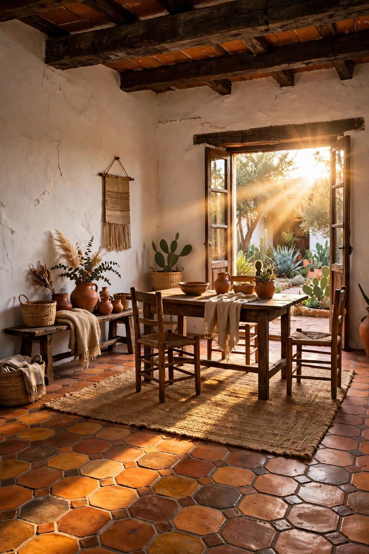 Hacienda living room with handmade Saltillo terracotta tile floors, plaster walls and wood beams
