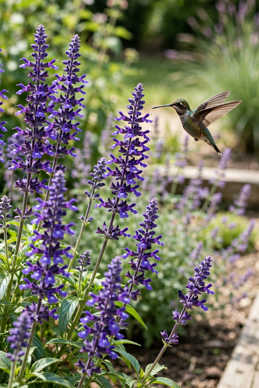 Salvia with tall rich purple flower spikes in a sunny border, hummingbird nearby