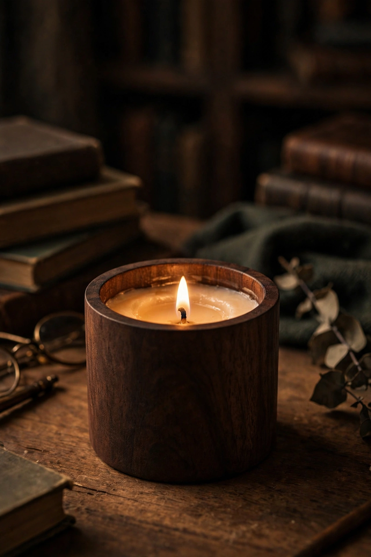 Warm sandalwood scented candle in a dark jar in a moody study setting