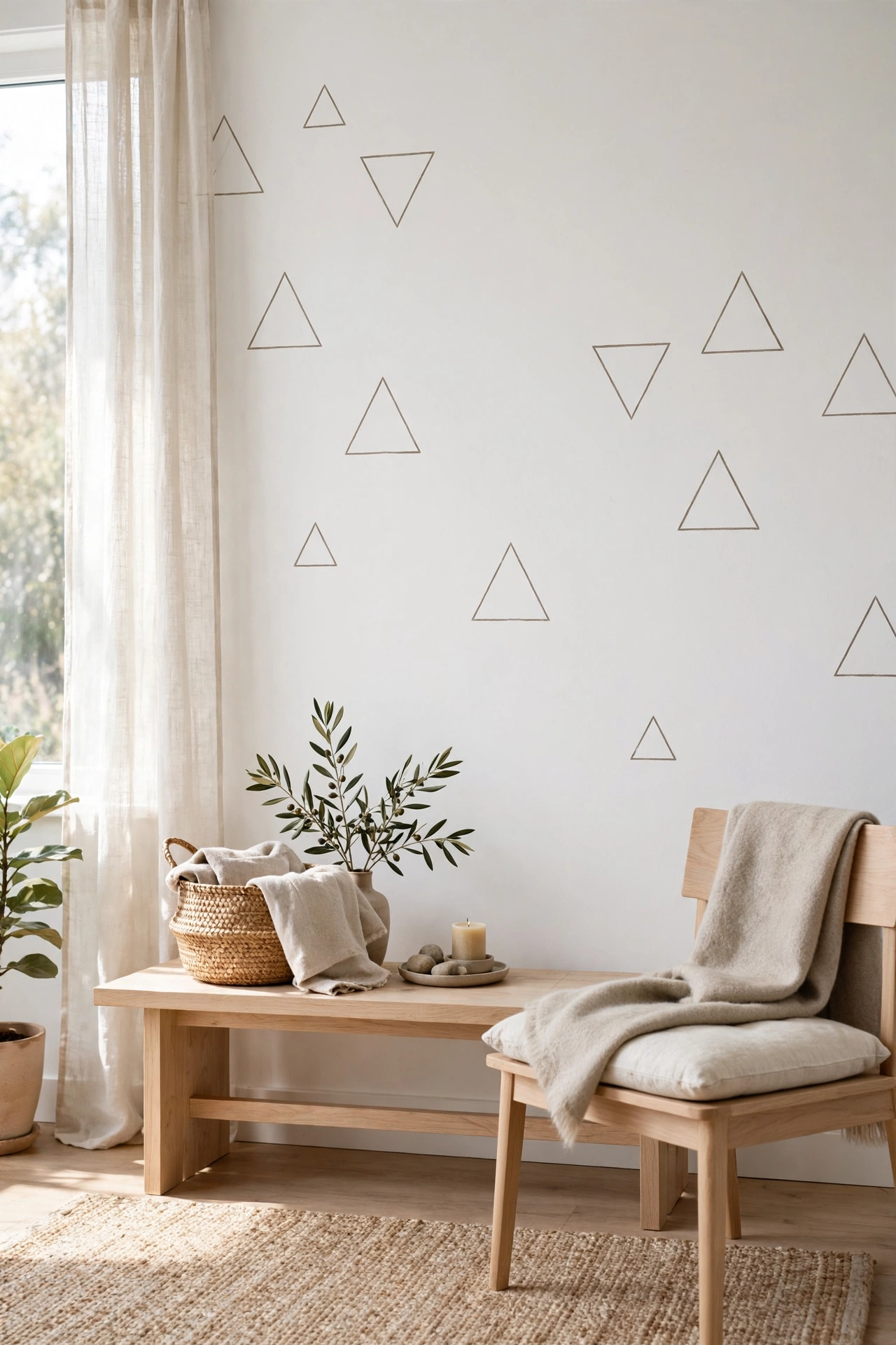 Scandinavian living room wall with sparse thin-outline triangles