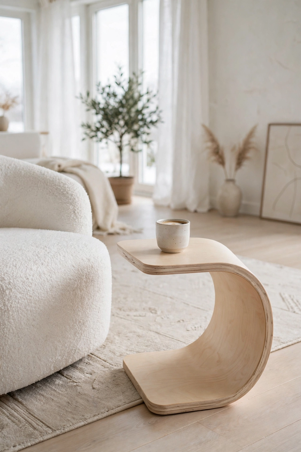 Scandinavian bent birch plywood side table beside a white boucle armchair
