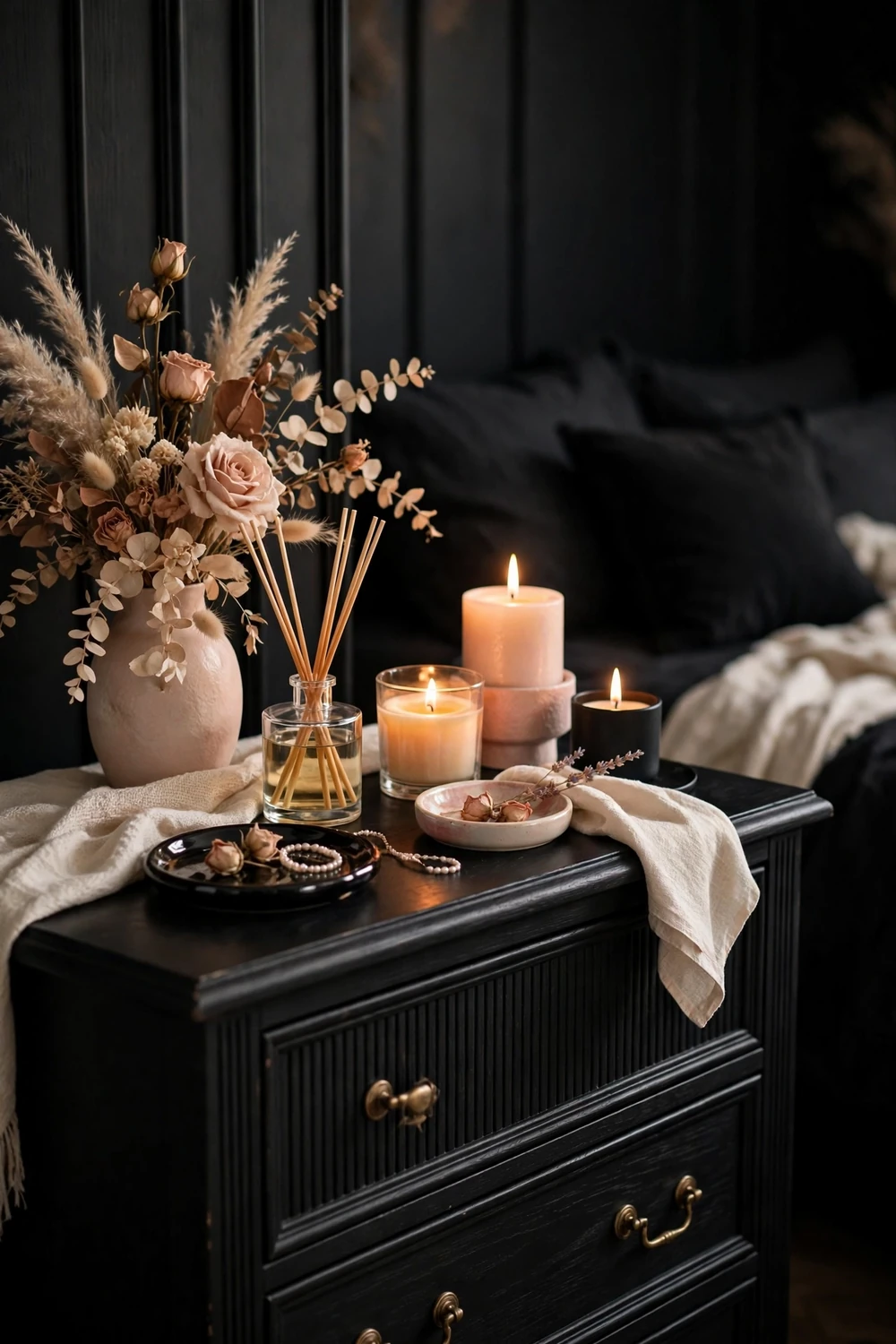 Dresser top in black bedroom with lit scented candles reed diffuser and dried flowers