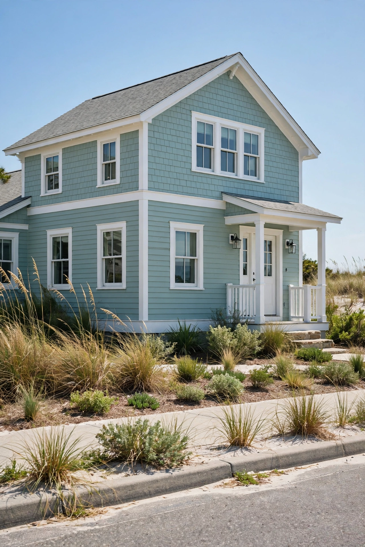 Sea salt green-blue beach house with white trim and dune grass landscaping