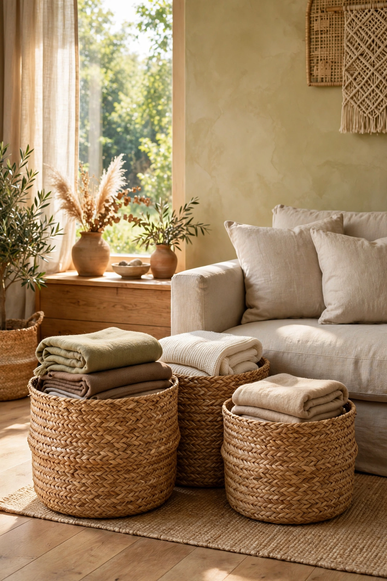 Woven seagrass baskets storing blankets beside a sofa in a neutral living room