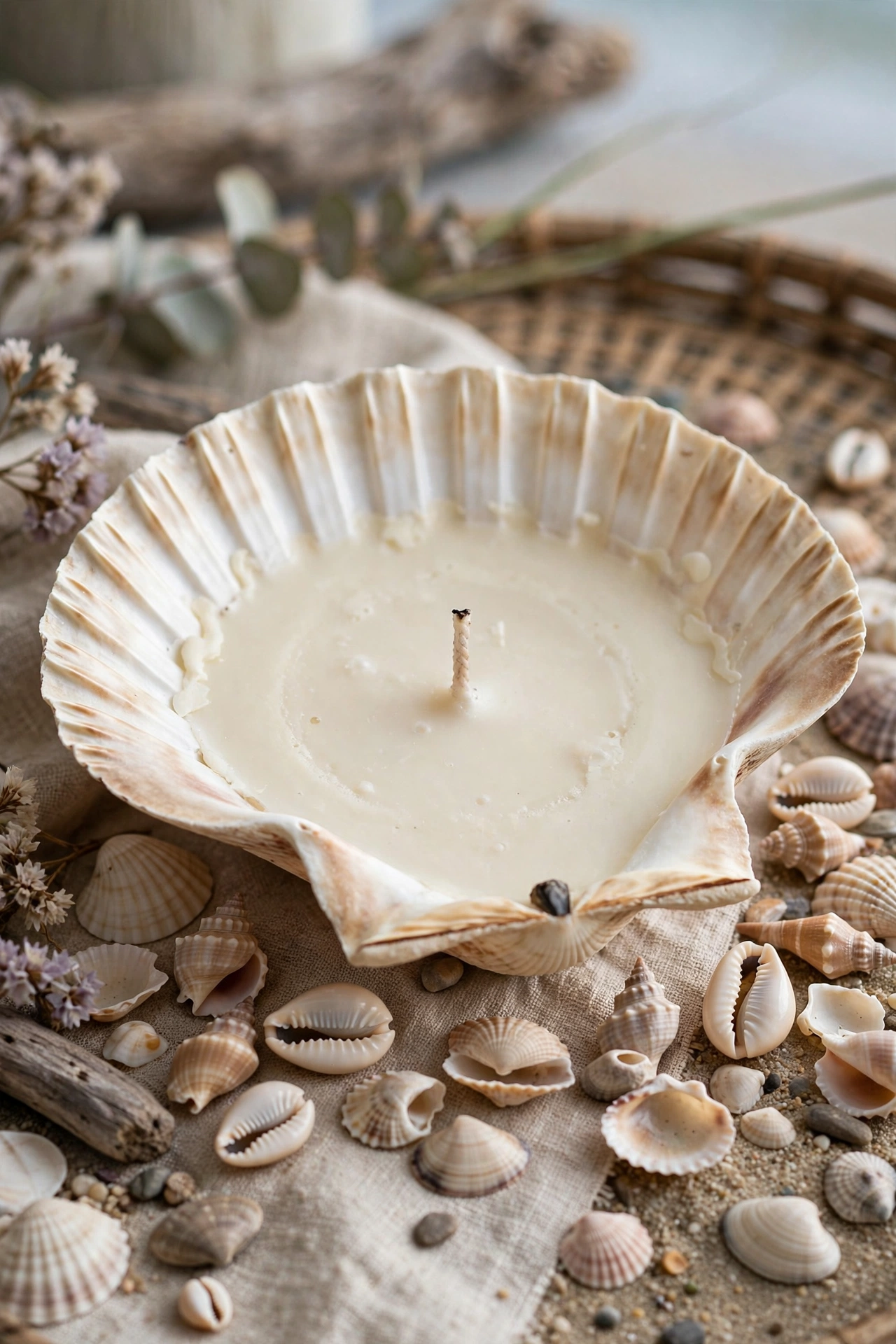 Homemade candle poured into a large scallop seashell with beach shells around it
