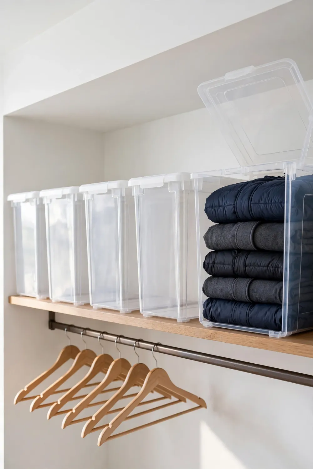 Top shelf of a closet loft holding labeled seasonal storage bins