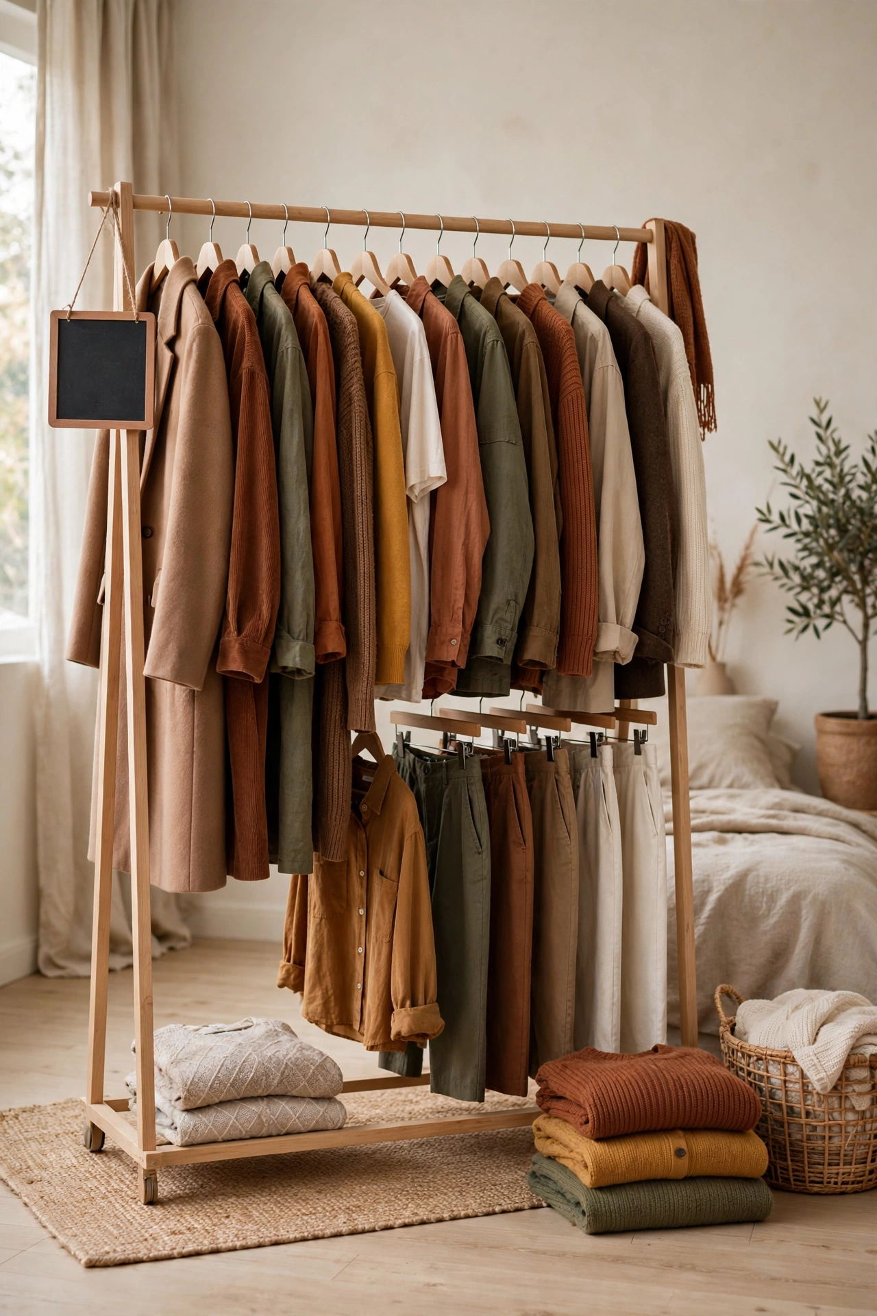 Minimalist wooden rack with curated autumn capsule wardrobe and chalkboard tag