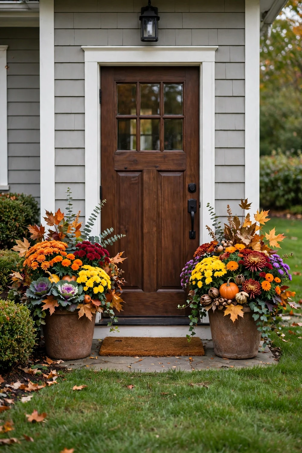 Seasonal flower containers with vibrant autumn blooms flanking a welcoming front door and tidy lawn