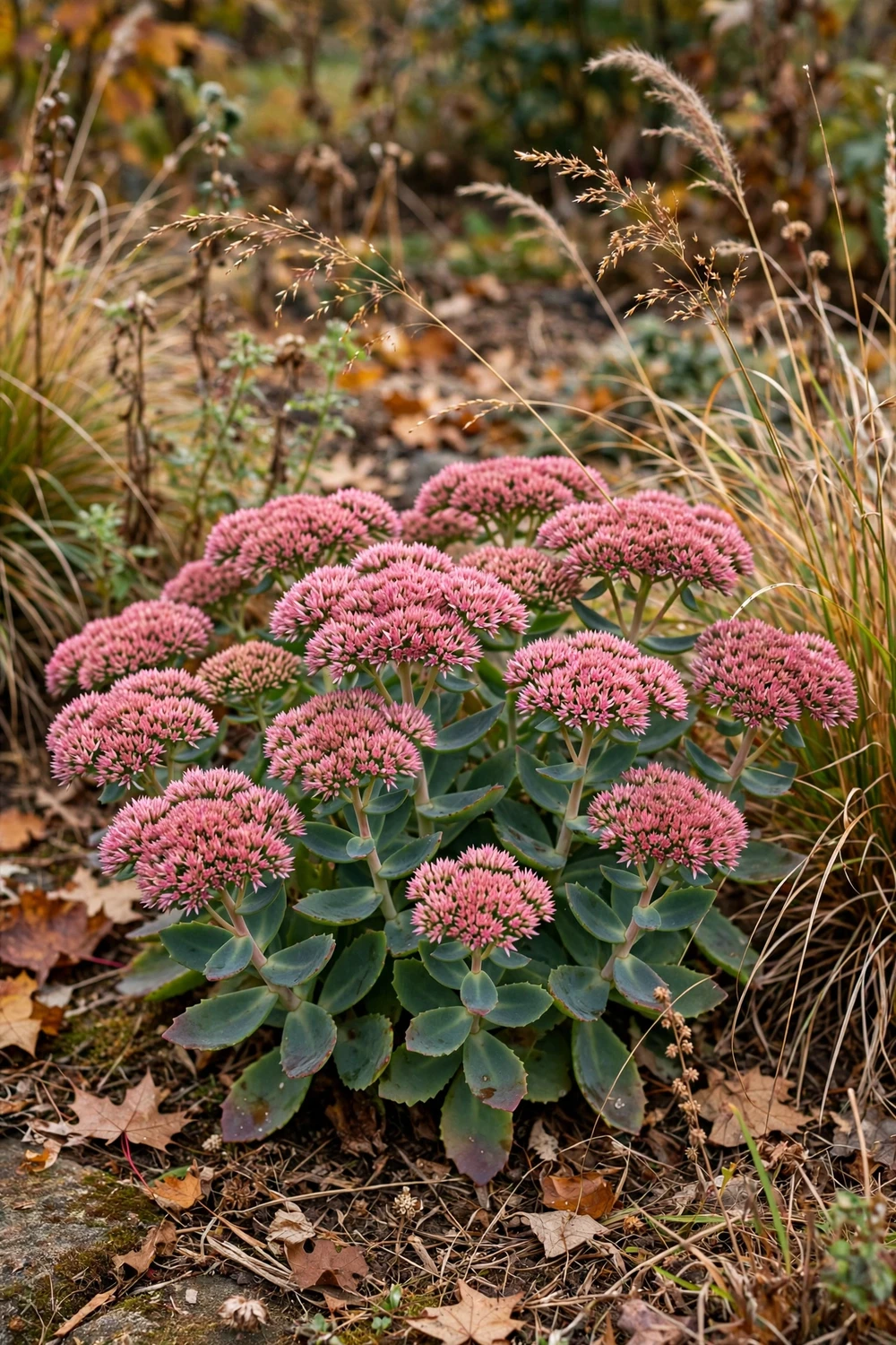 Sedum stonecrop with pink-rose flower heads and thick leaves beside ornamental grasses