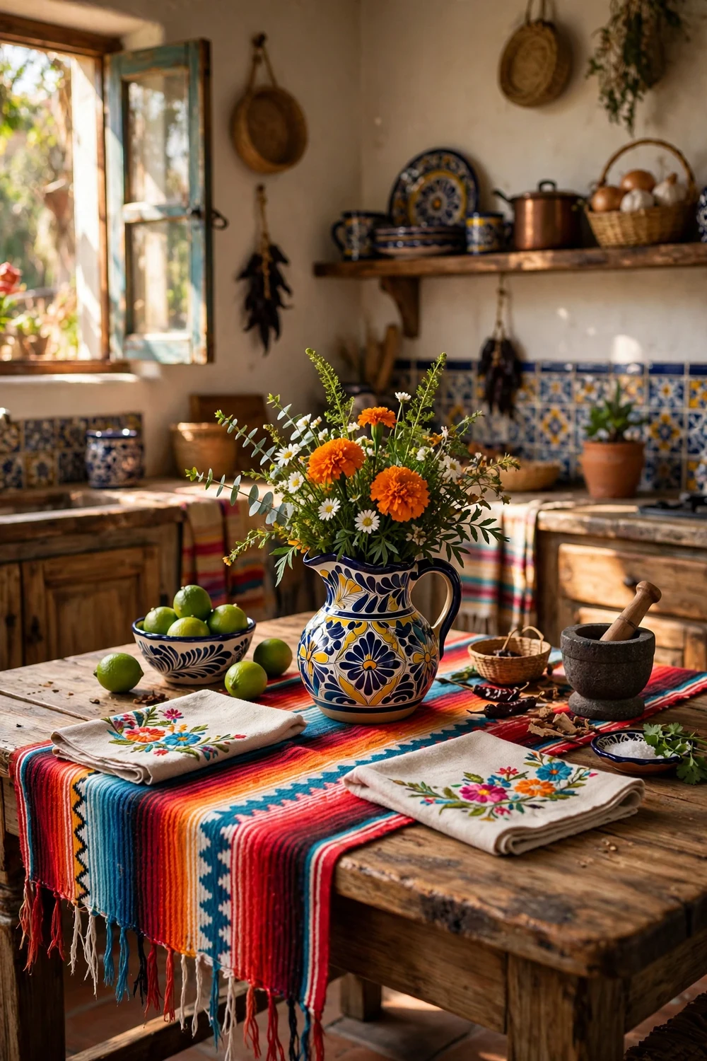 Striped serape woven table runner on a wooden table in a Mexican kitchen