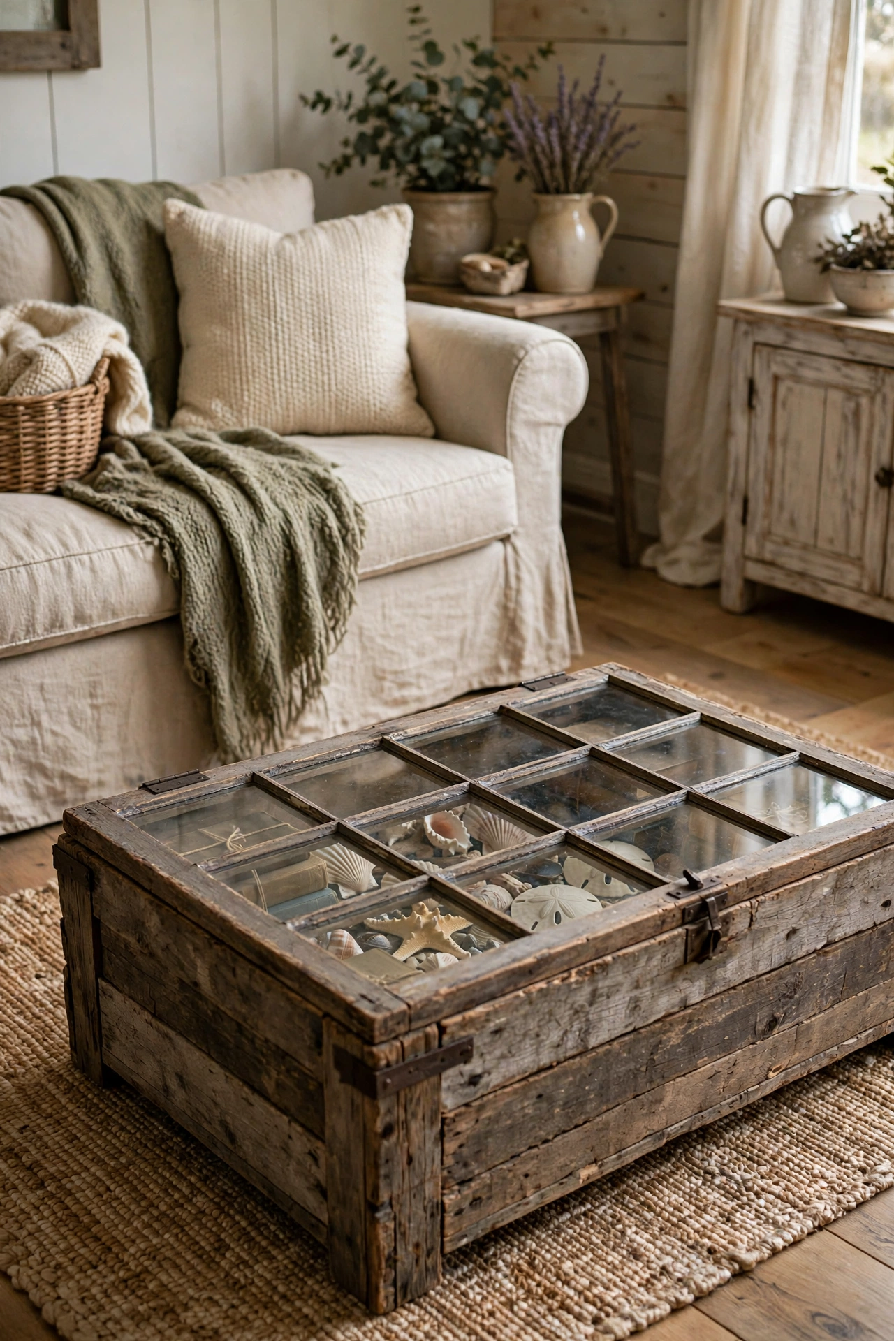 Coffee table with an old window as the hinged glass top revealing a display shadow box
