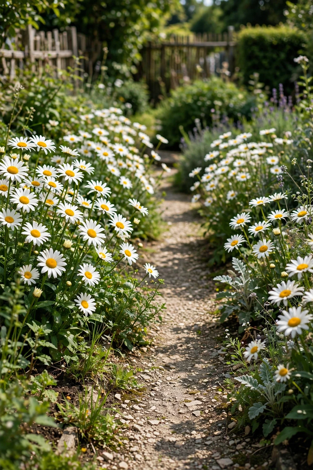 Shasta daisies with bright white petals and cheerful yellow centers along a garden walkway