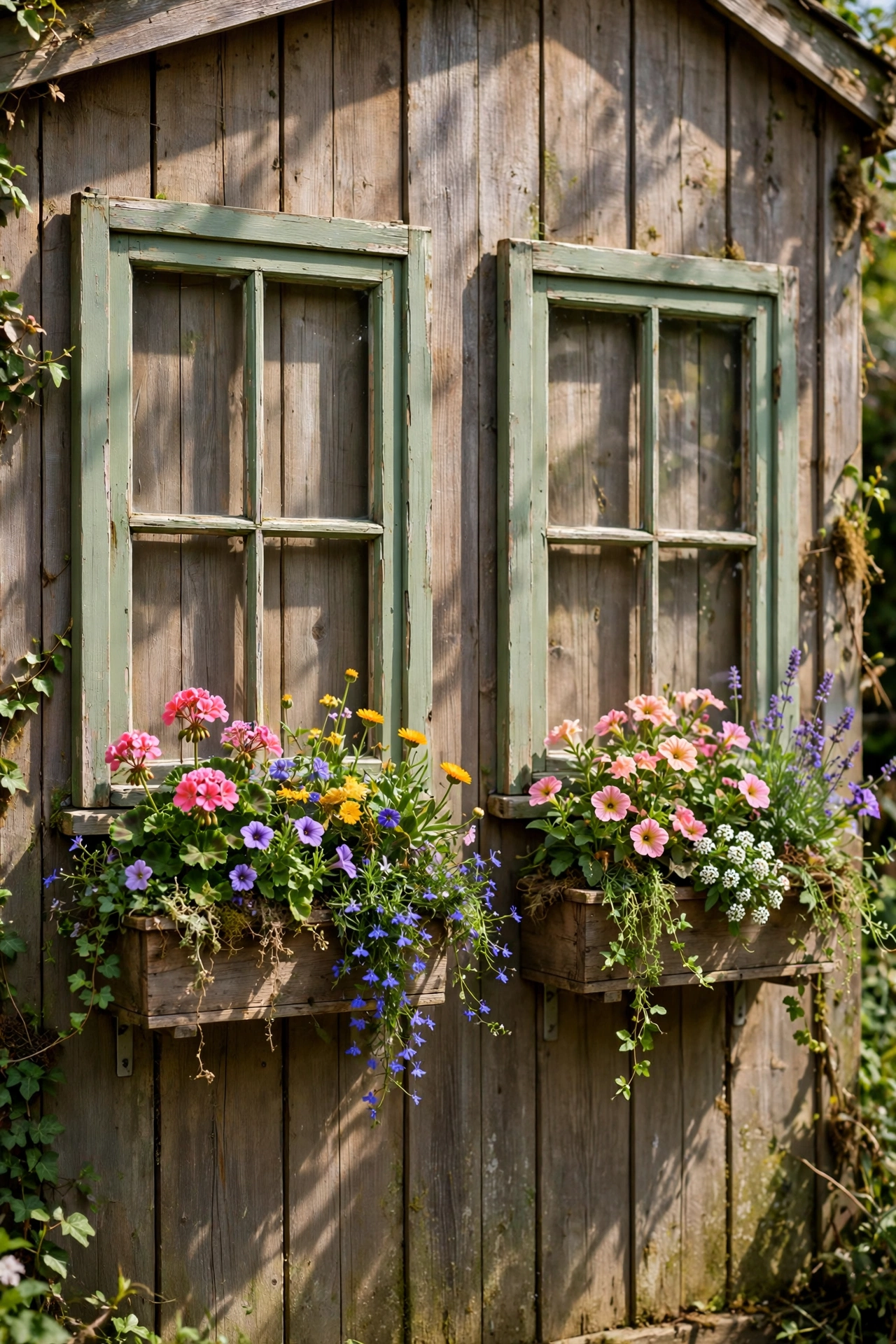Two old windows with flower boxes mounted on the outside wall of a garden shed