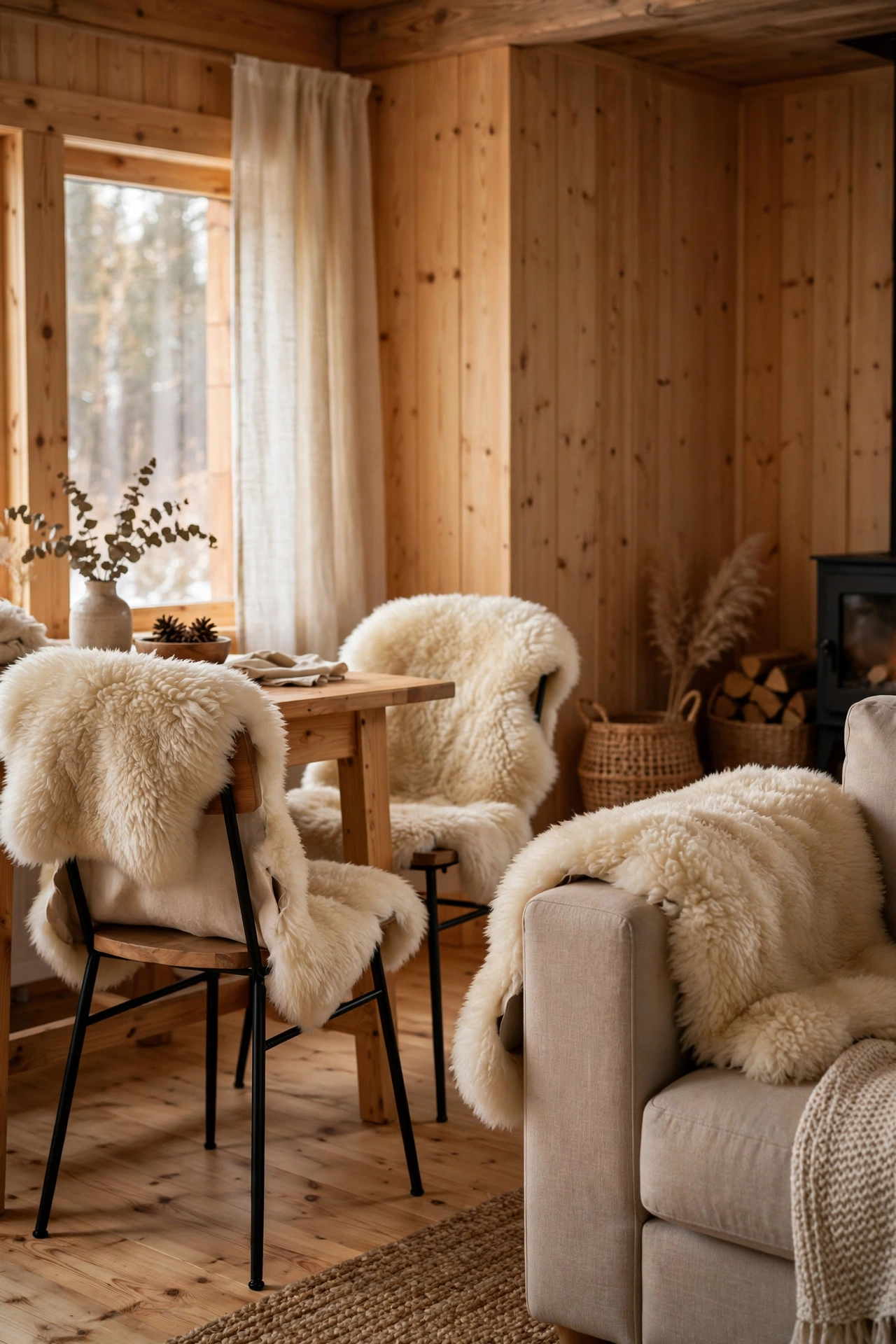 Sheepskin throws draped over chairs in a modern pine cabin living room