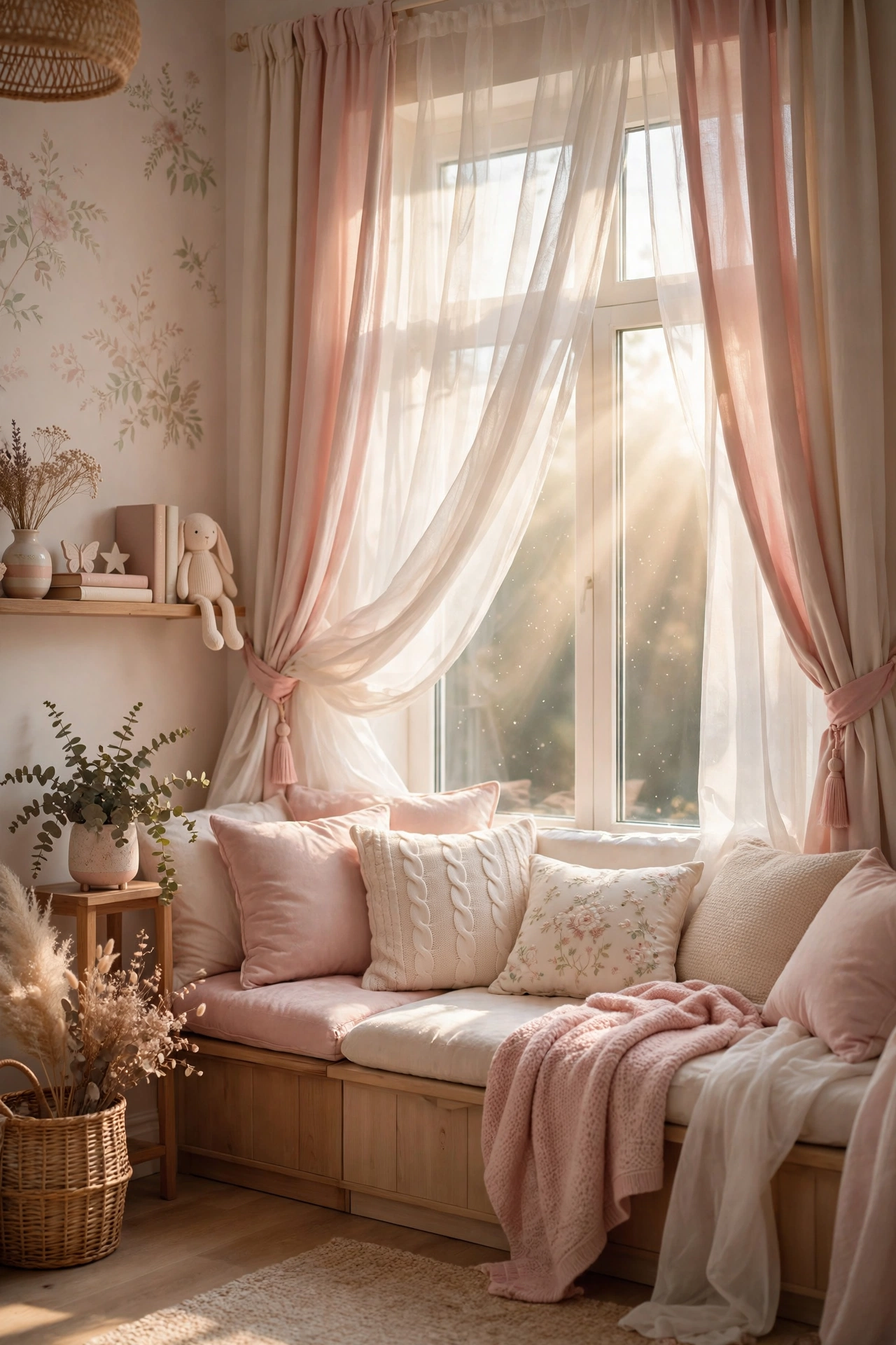 Teen bedroom window with layered sheer white curtains and blush drapes in soft sunlight