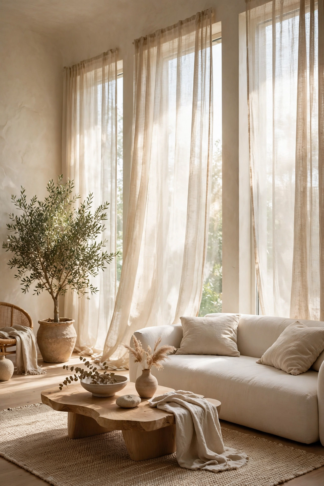 Sheer linen curtains filtering sunlight in a bright organic modern living room