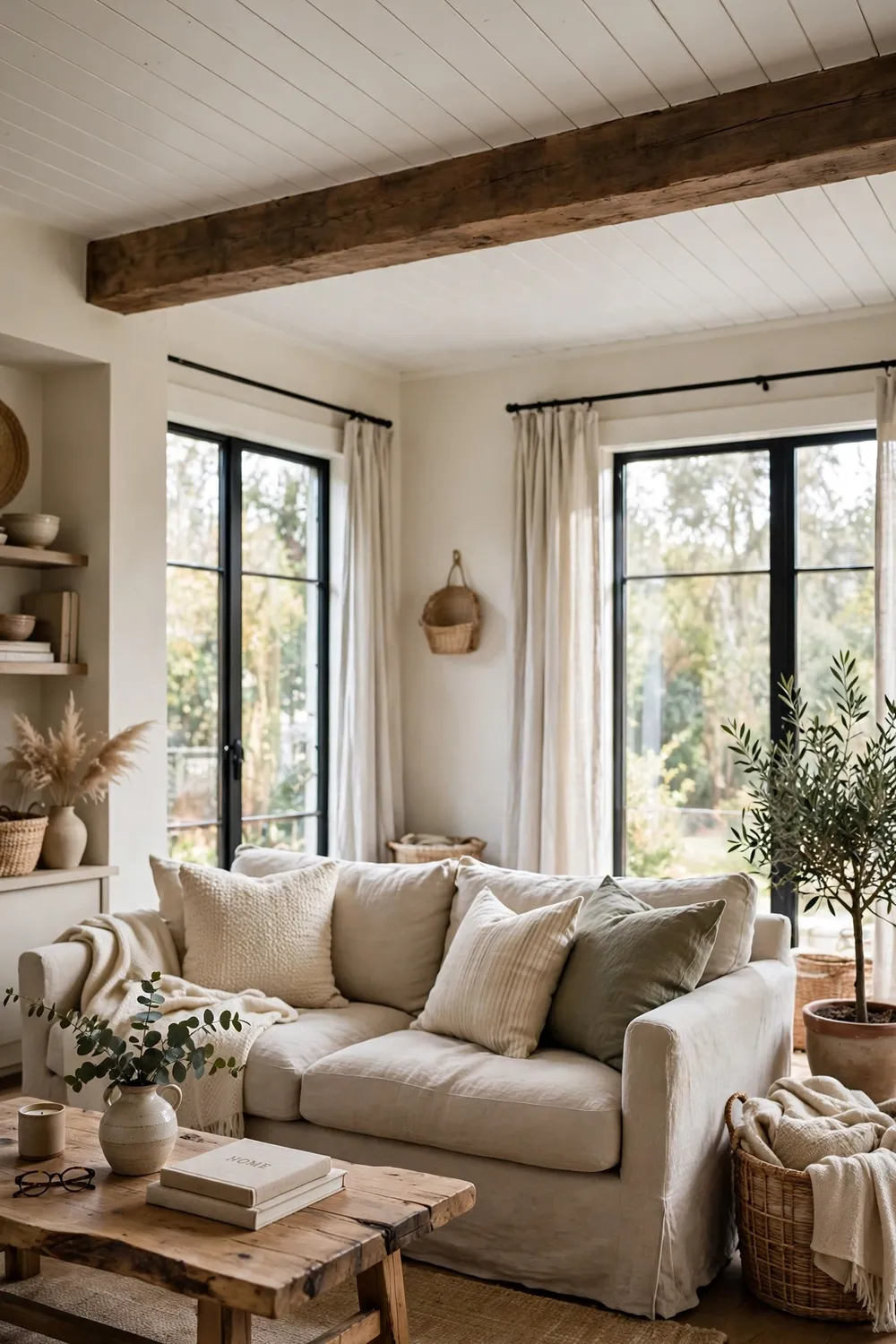 Cozy living room with a white shiplap ceiling and exposed wood beam