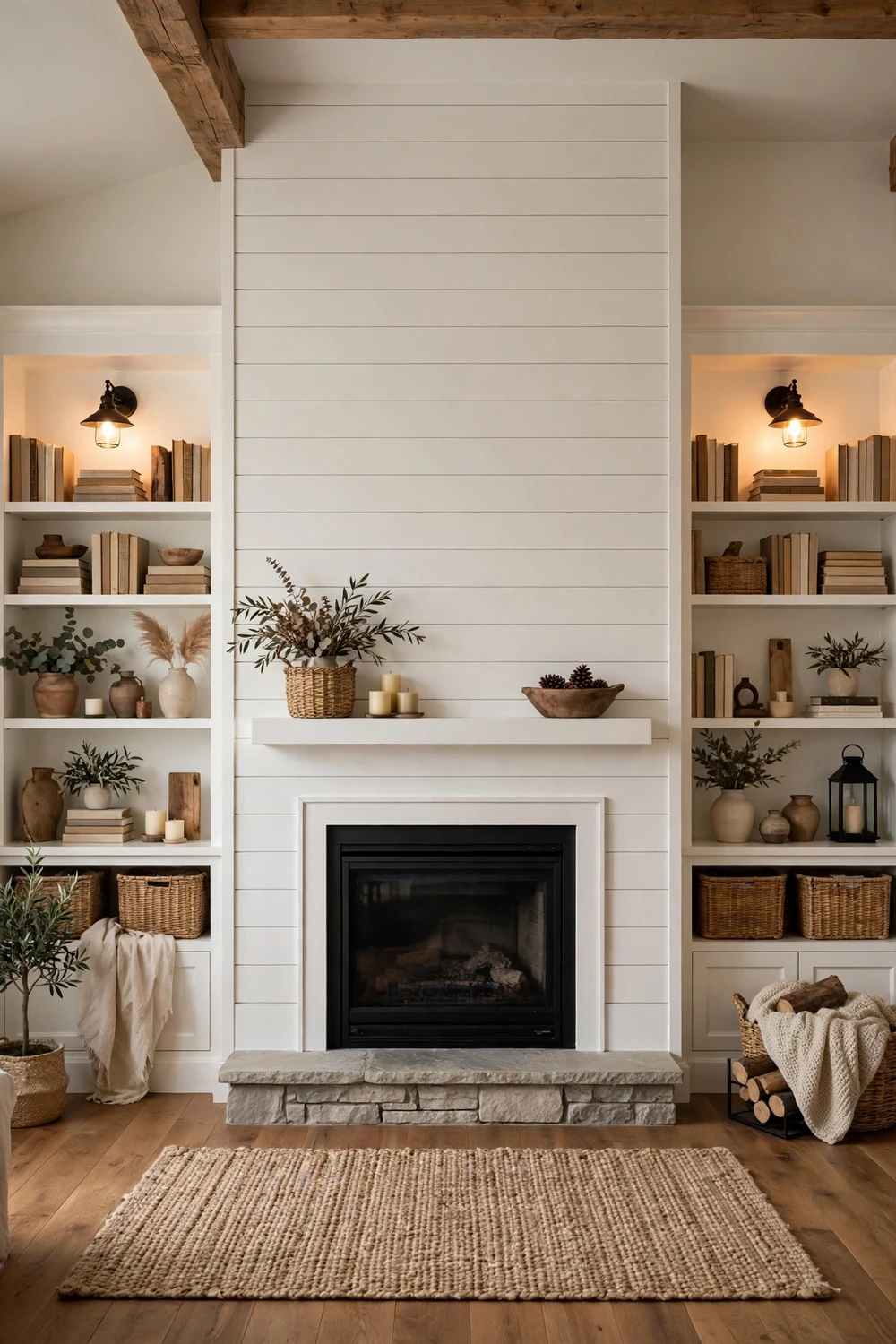 Shiplap fireplace surround with white built-in bookshelves on both sides