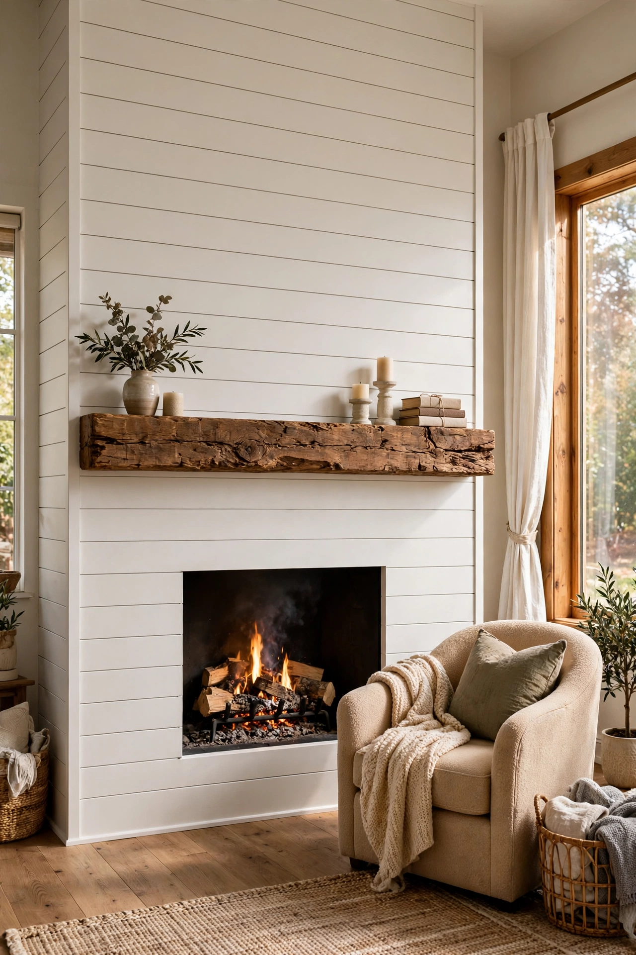 Living room fireplace wrapped floor-to-ceiling in white shiplap with a chunky wood mantel