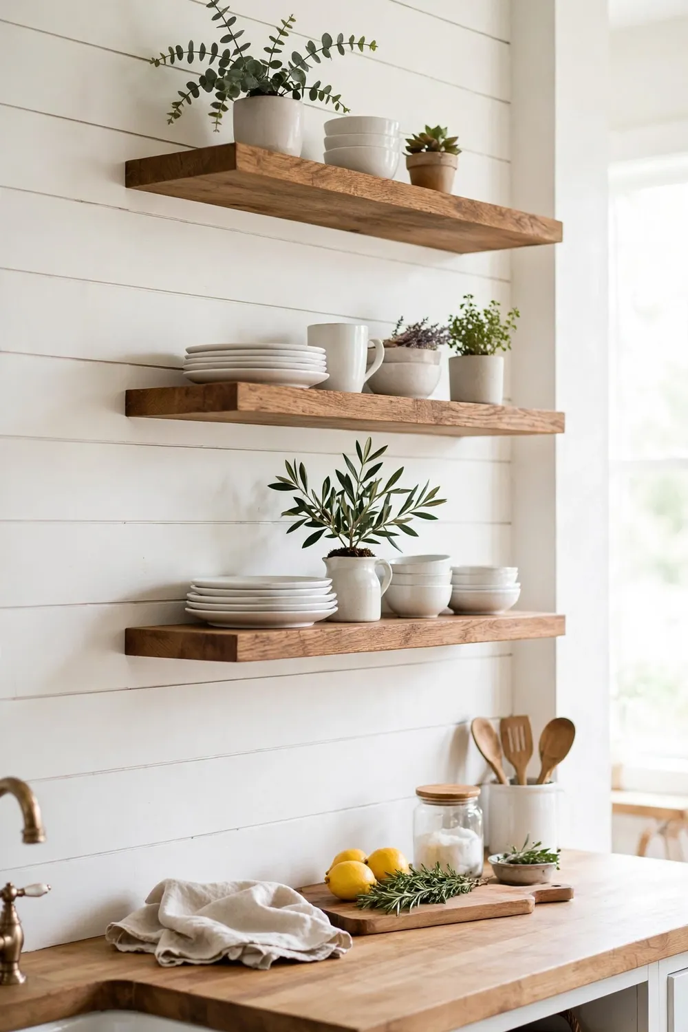 Farmhouse kitchen with white shiplap wall behind floating wooden open shelves