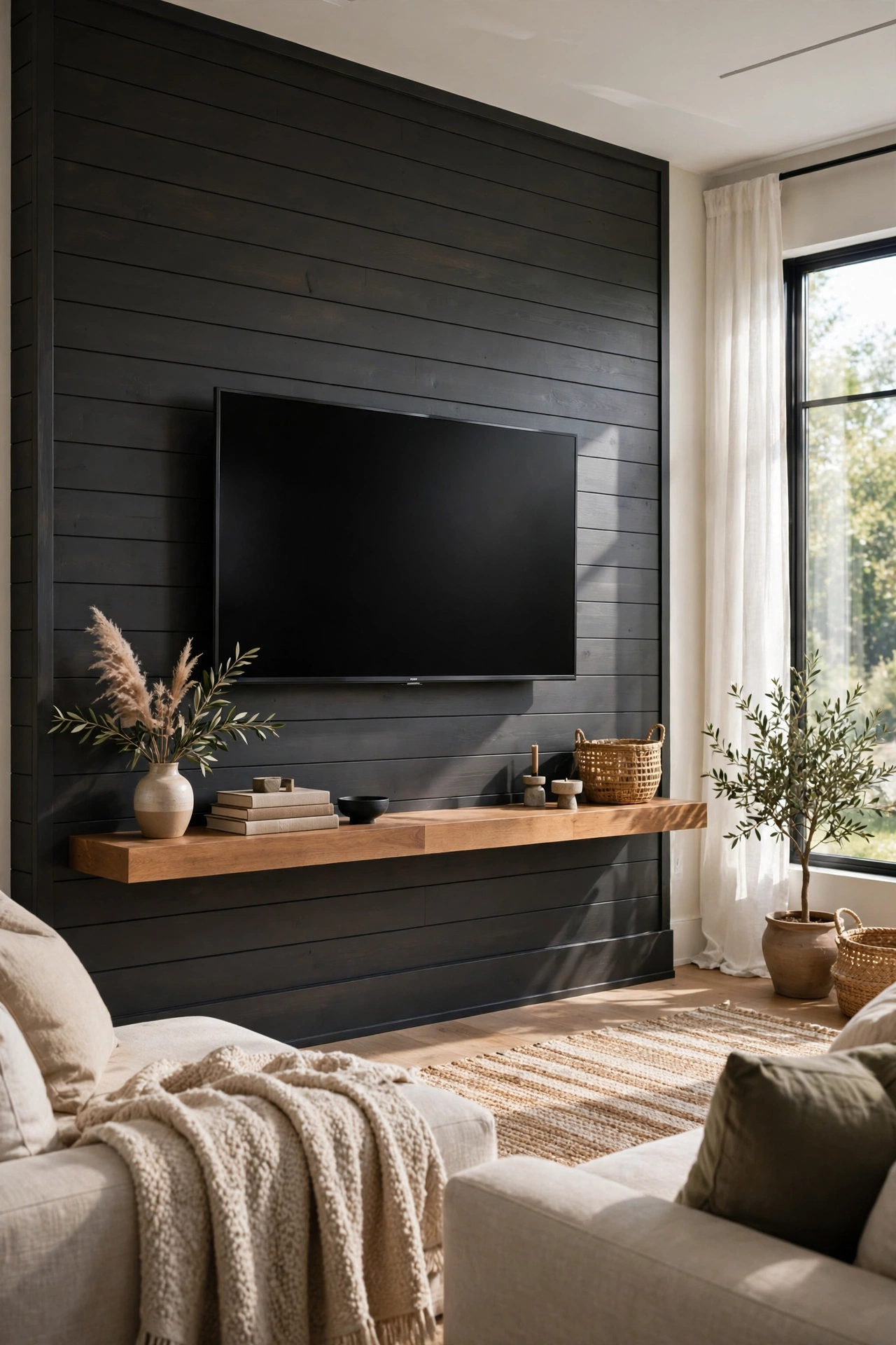 Modern living room media wall with dark charcoal shiplap and wall-mounted TV