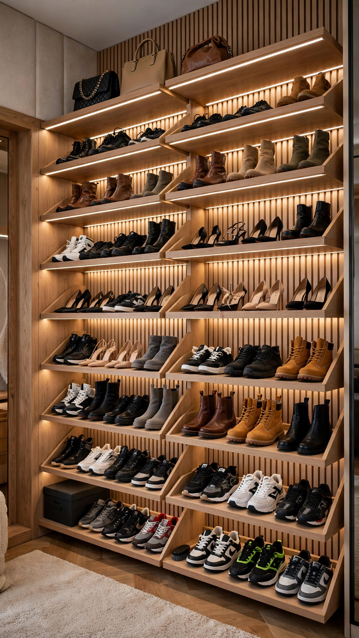 Floor-to-ceiling angled shoe shelves with LED strip lighting in an open closet