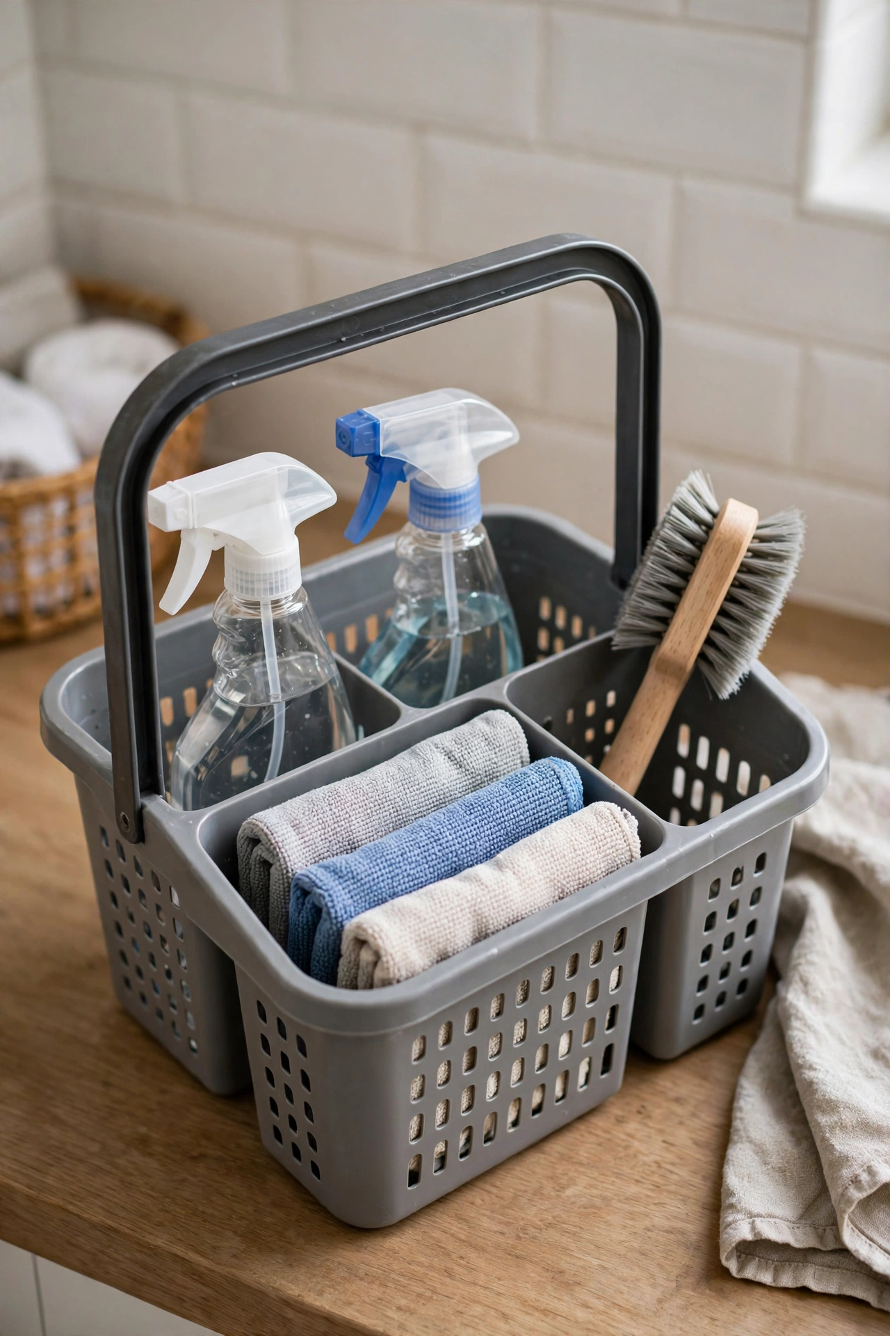 Plastic shower caddy repurposed as a portable tote carrying cleaning supplies