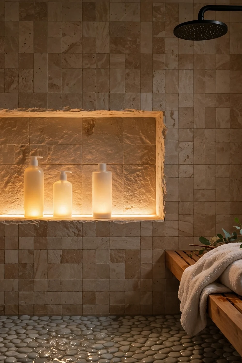 Modern shower with a recessed tile niche lit by a hidden warm waterproof LED strip