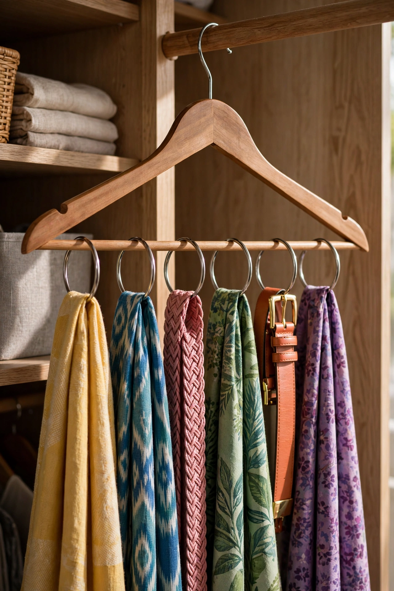 Shower curtain rings clipped on a hanger holding scarves and belts in a closet