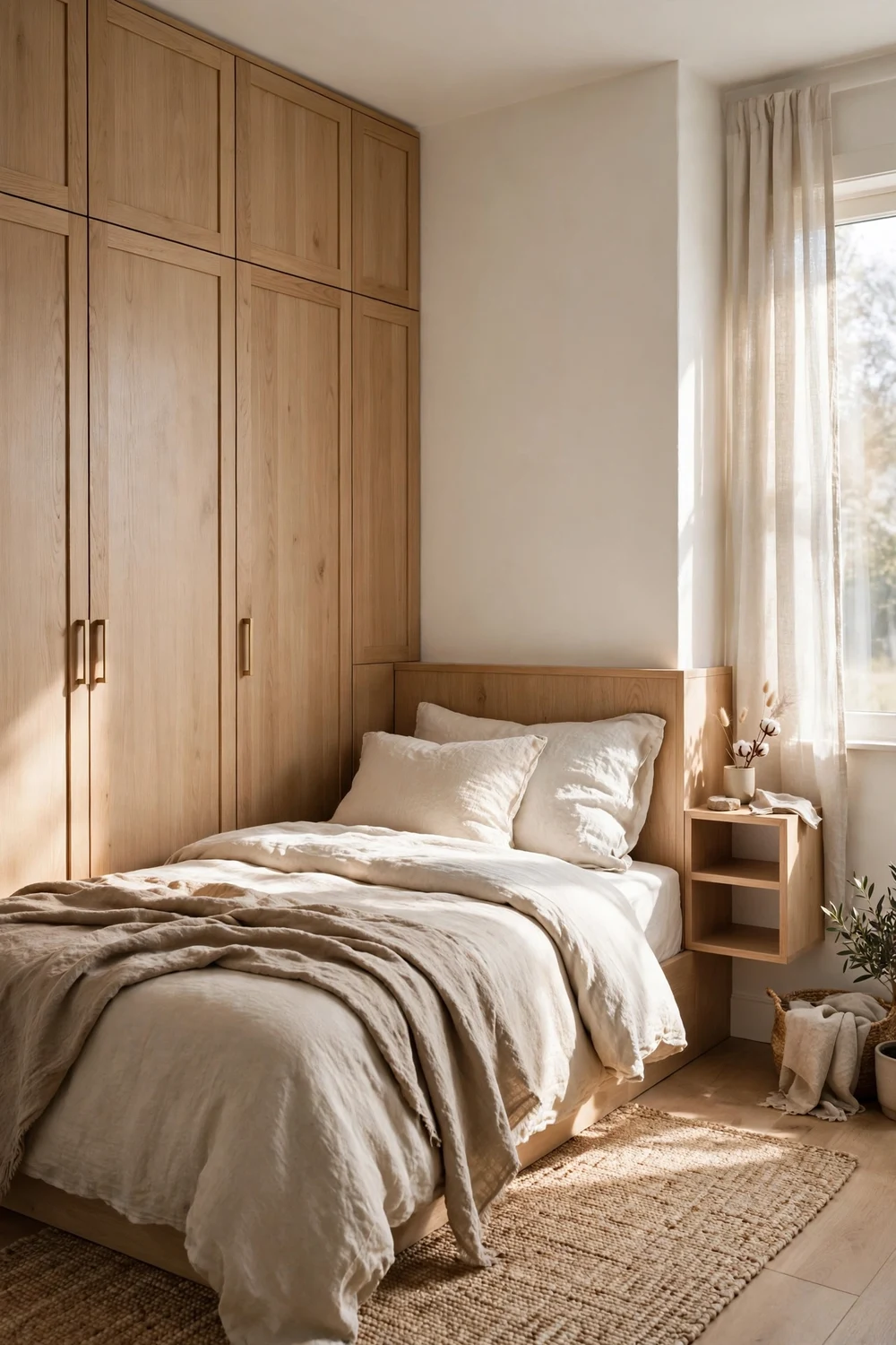 Small bedroom with fitted wardrobe built up to the bed and one compact nightstand shelf