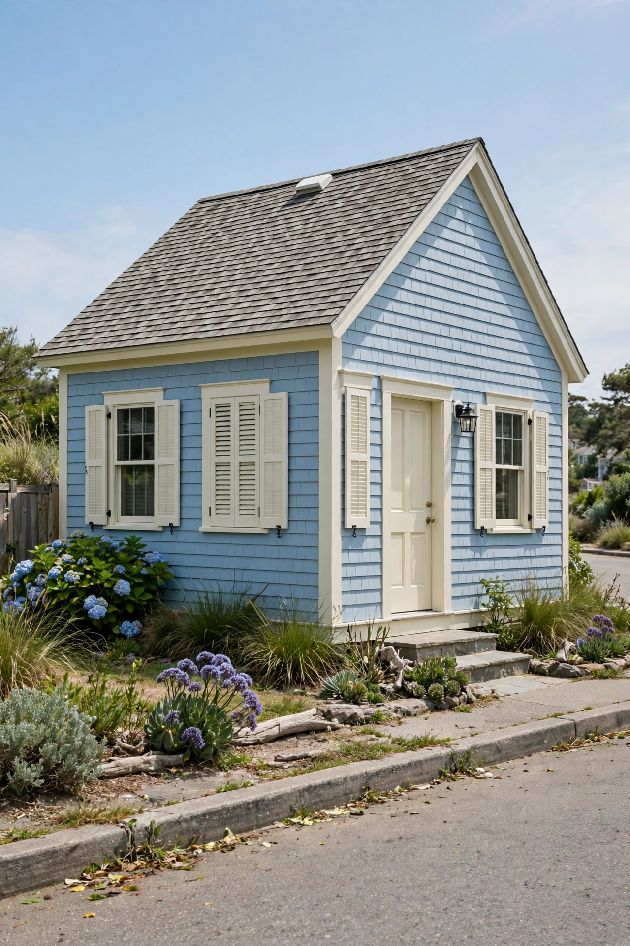 Sky blue coastal cottage with creamy white trim and shutters, beach landscaping